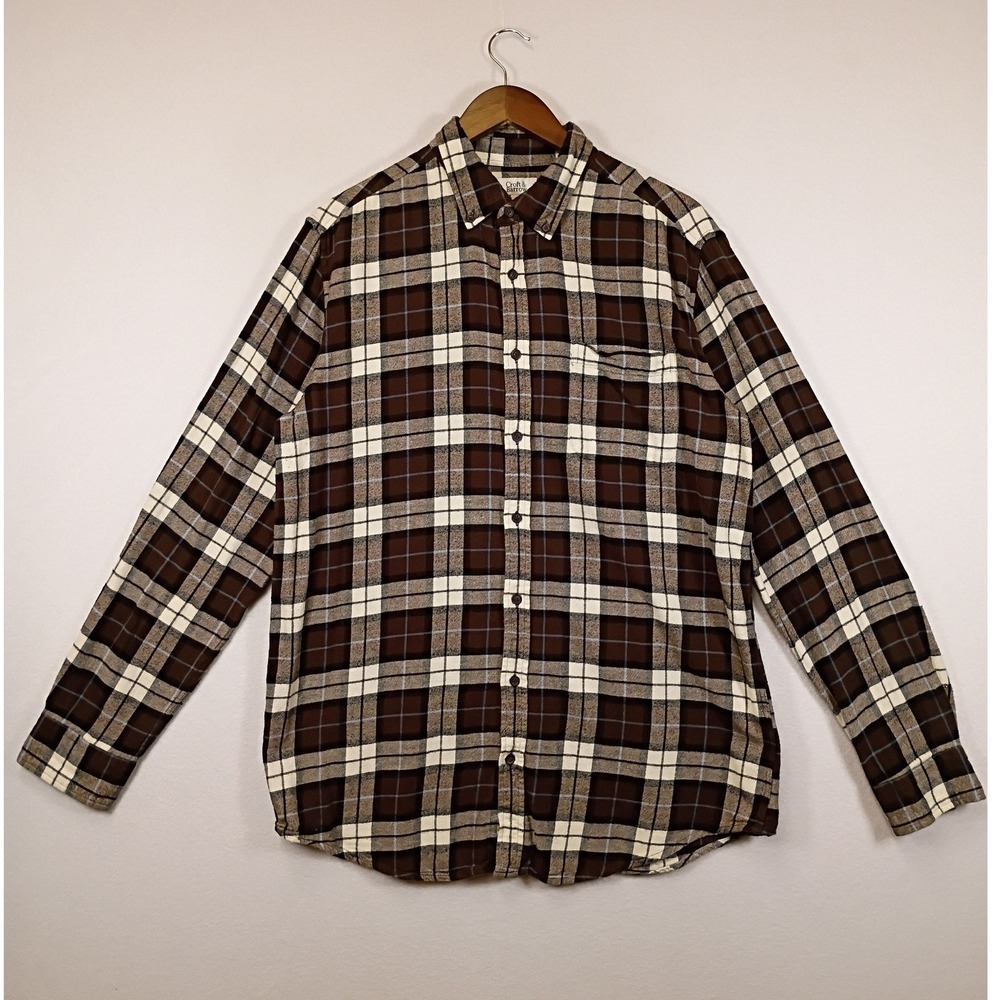 Cabincore Croft & Barrow Mens L Tall Brown Plaid Cotton Flannel Button Shirt